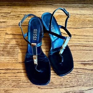 Vintage Gucci Sandals, Gold Detail, Black, 8